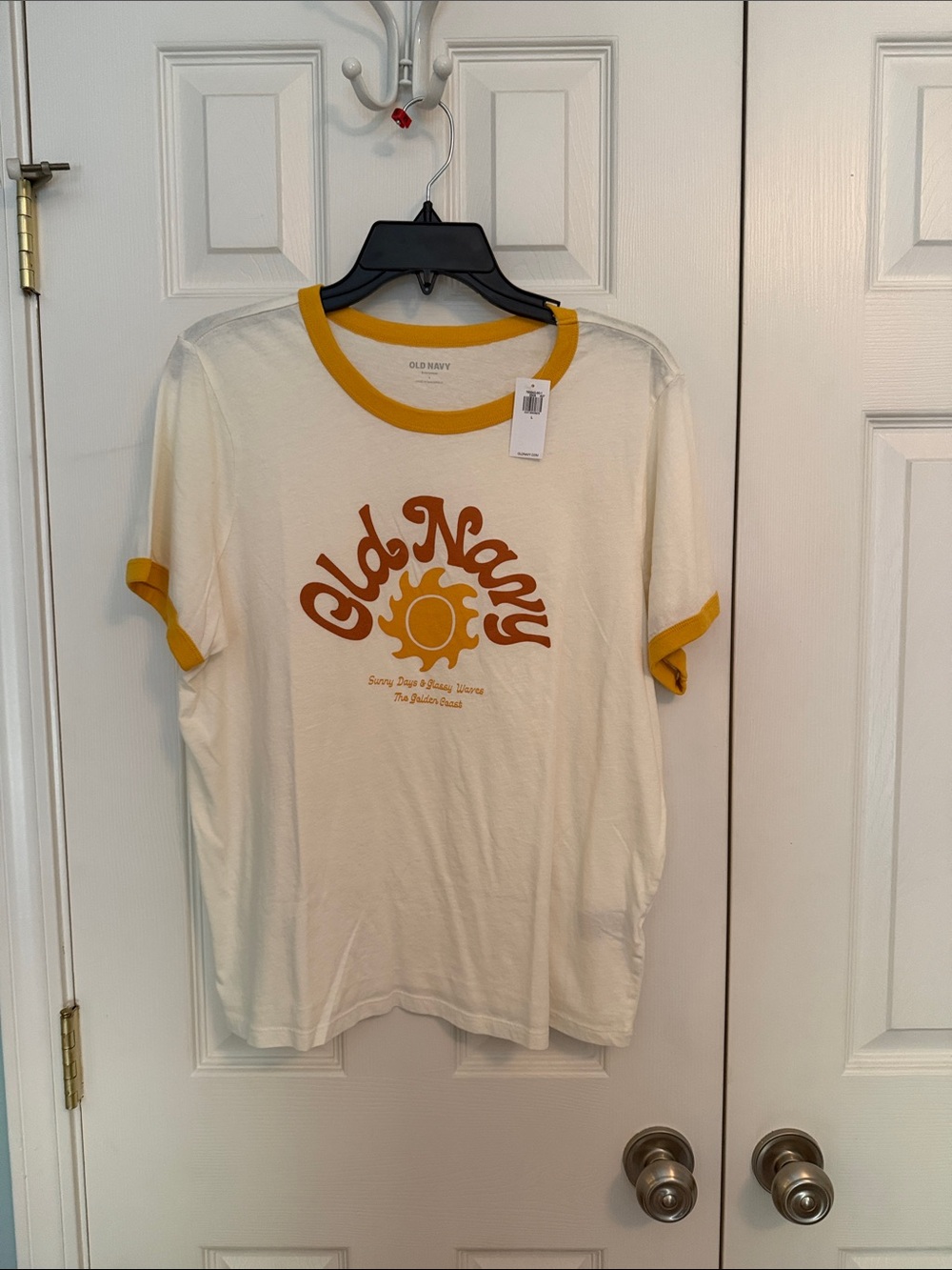 Old Navy Cream Tee with yellow Ringer and Sunshine Logo - L NWT